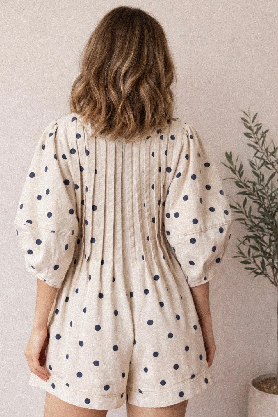 Polka Dot Denim Bubble Romper - Cream/Navy