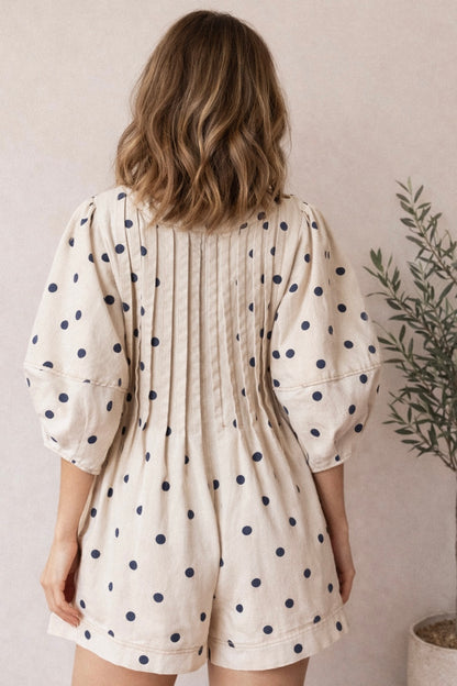 Polka Dot Denim Bubble Romper - Cream/Navy