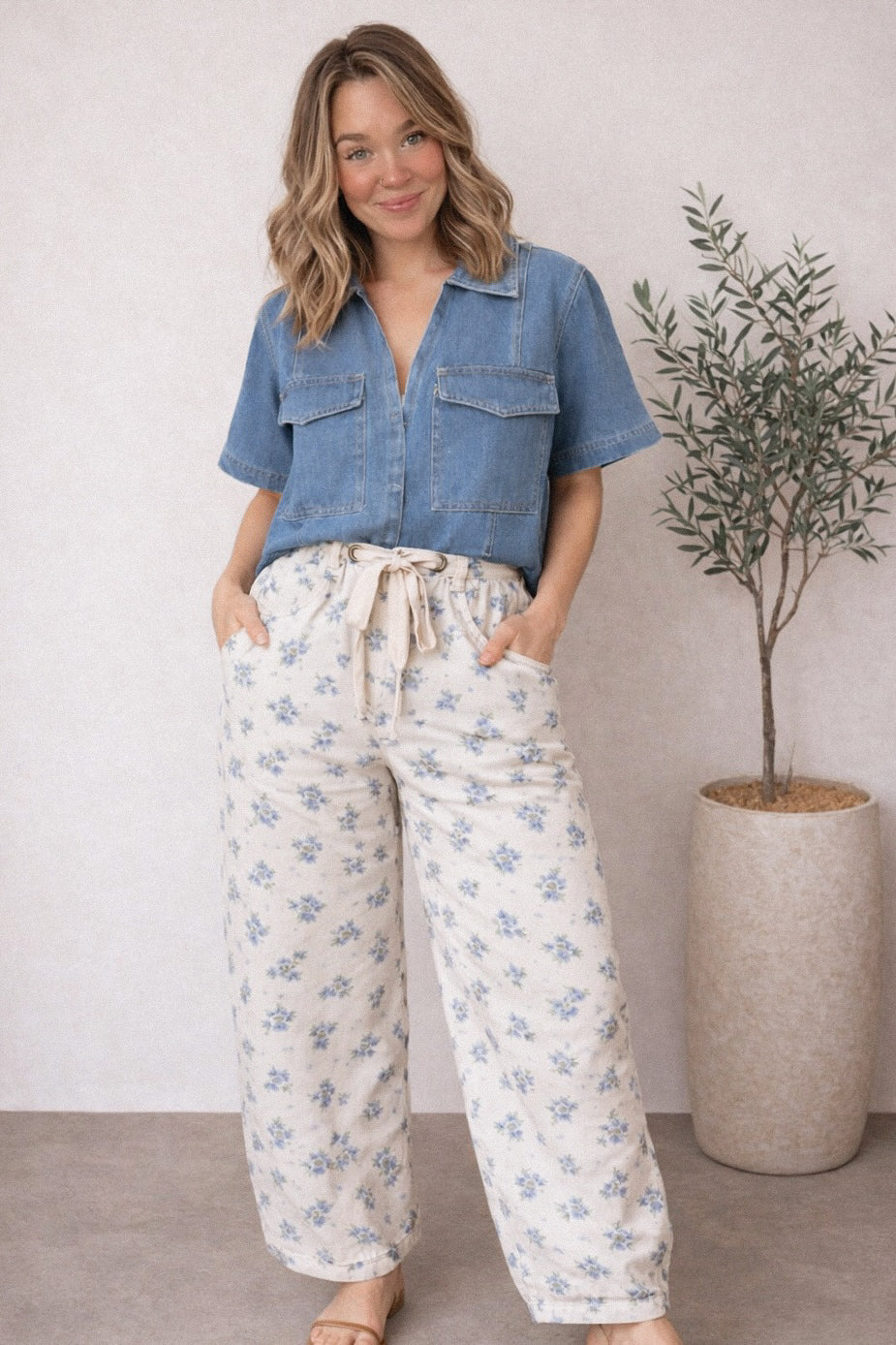Floral Printed Denim Pants - Cream/Blue