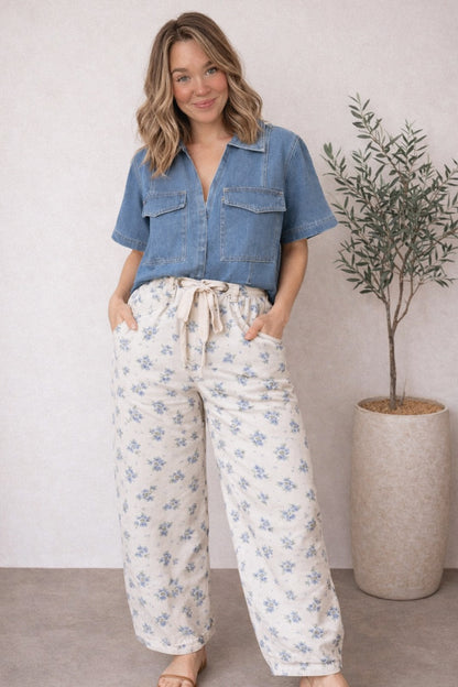 Floral Printed Denim Pants - Cream/Blue