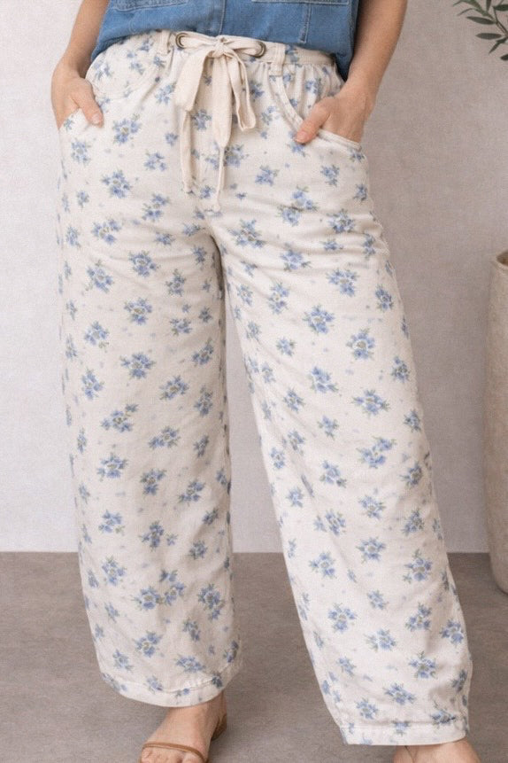 Floral Printed Denim Pants - Cream/Blue