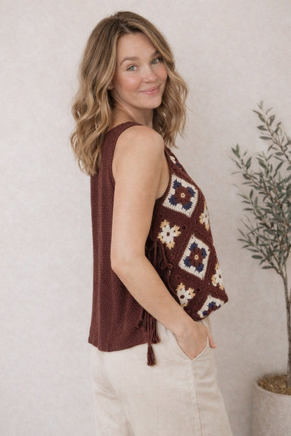 Crochet Square Tassel Tie Vest - Mocha