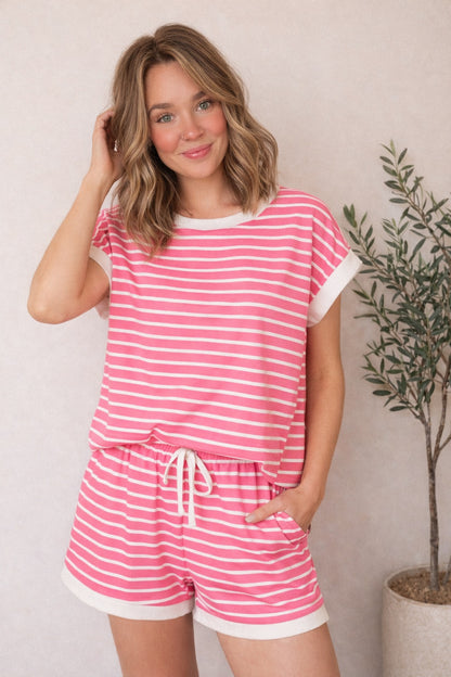 Stripe Contrast Trim Top and Short Set - Fuchsia