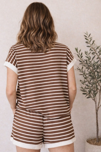 Stripe Contrast Trim Top and Short Set - Brown