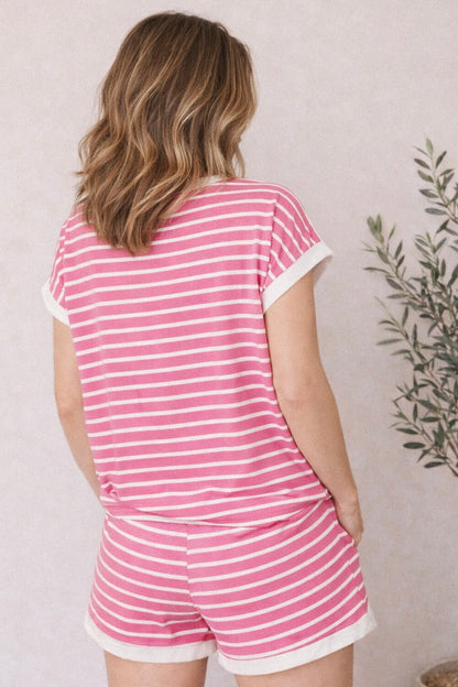 Stripe Contrast Trim Top and Short Set - Fuchsia