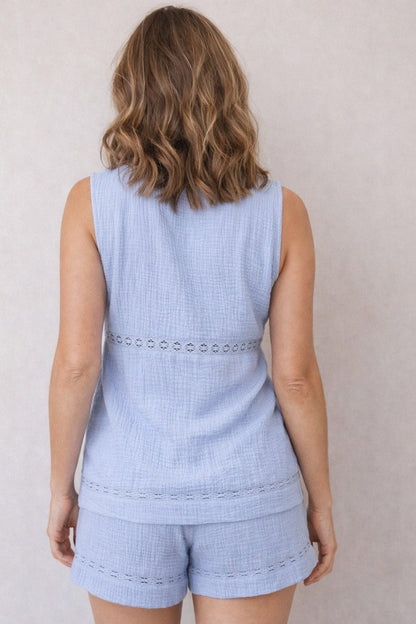 Lace Trim Tie Top and Short Set - Blue