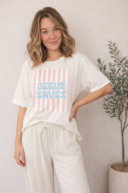 Jesus Saves Oversized Graphic Tee - White