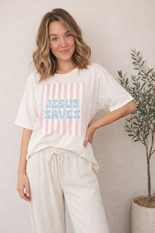 Jesus Saves Oversized Graphic Tee - White
