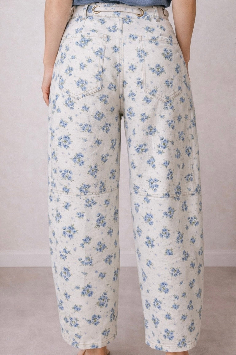 Floral Printed Denim Pants - Cream/Blue