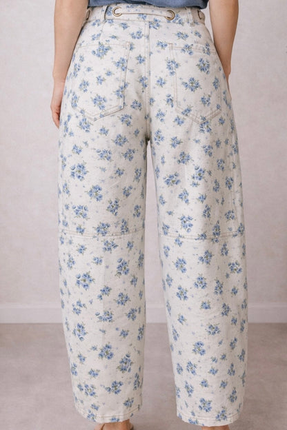 Floral Printed Denim Pants - Cream/Blue